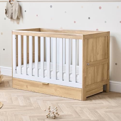 Image of Tutti Bambini Riley 3-in-1 Baby Cot Bed with Drawer 120 x 60 cm, (0-4 Years) - 3 Modes: Cot, Toddler Bed & Toddler Sofa, Convertible Cot Bed for Baby with 3 Mattress Heights, Oak & White
