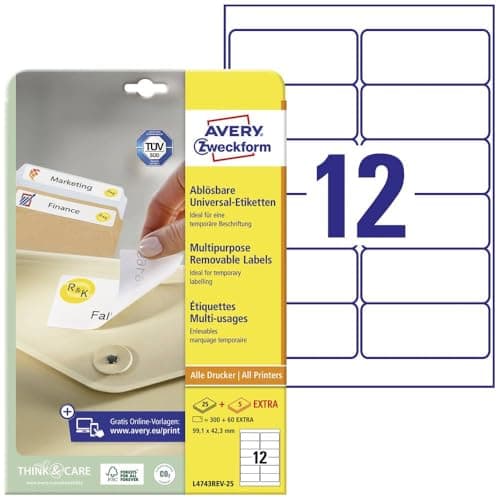 Image of Avery Removable, Printable, Multi Purpose Labels, Multi Surface, 99.1 x 42.3 mm, White, 12 Labels per Sheet, 300 Blank Labels per Pack (L4743REV-25)