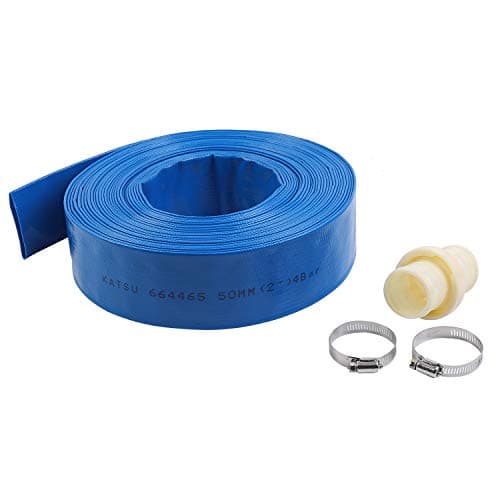 Image of KATSU Layflat Discharge Hose Pipe 20m x 50mm 2-Inch Diameter with 2 Clips and Quick Coupler Connector, Fits Submersible & other Water Pumps for Draining Pond, Garden Irrigation, Hot Tub, Swimming Pool