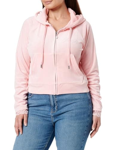 Image of Juicy Couture Women's Lace Madison Hoodie Kapuzensweatjacke, Sweatjacke mit Kapuze und Reißverschluss aus Velour in Verschiedenen Farben Hooded Sweatshirt, Juicy Pink, S