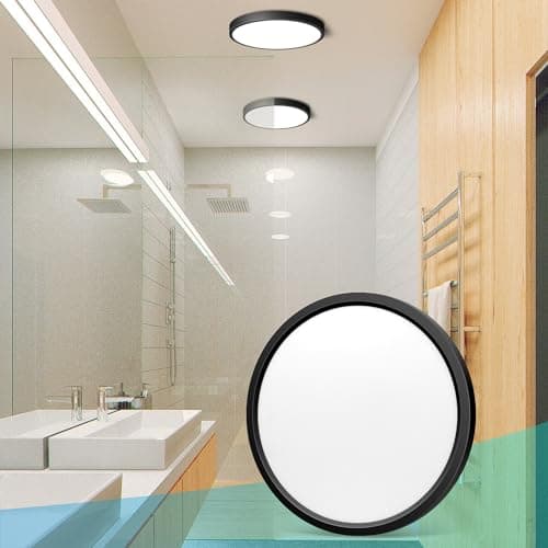Image of 7in/18cm 12W LED Flush Mount Ceiling Light, 6000K Cool White Bathroom Light, 1500LM, Black Round Ceiling Lights, 120W Equivalent Ceiling Lamp for Closets, Kitchens, Hallway, Bedrooms, etc.