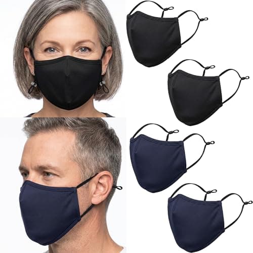 Image of ecotru ®4 UK Pack Reusable Cotton Face Masks, 2 Navy Blue, 2 Black Mask with Nose Wire for Glass Wearers, 3-Ply Washable & Breathable Fabric with Filter Pocket & Adjustable Loops