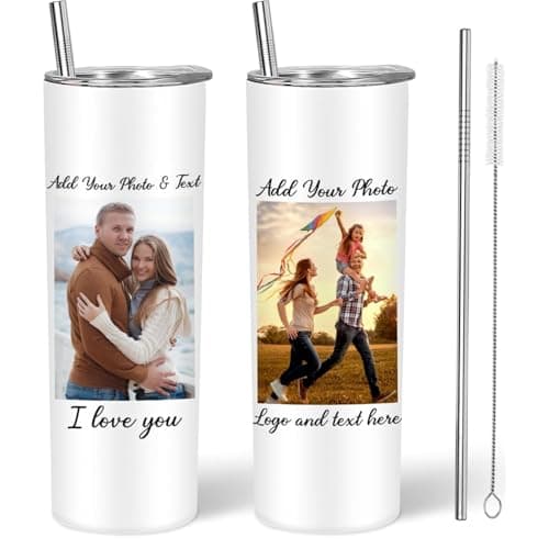 Image of EKAM Personalised Coffee Tumbler with Picture & Text - Personalised Travel Coffee Mug, 20oz Stainless Steel Tumbler Cup with Straw and Lid, Custom Cup Gift for Christmas Day, Birthday, Any Occasion