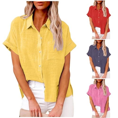 Image of Shirts for Women UK Cotton Linen Plus Size Short Sleeve Button Down Top Summer Causal Fashion Solid Tees Loose Blouse Yellow L