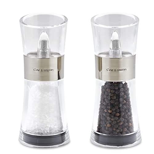 Image of Cole & Mason Flip 180 Chrome Salt and Pepper Mill Set, Adjustable Coarseness, Ceramic Mechanism, Acrylic, 154 mm, Filled Salt and Pepper Grinders