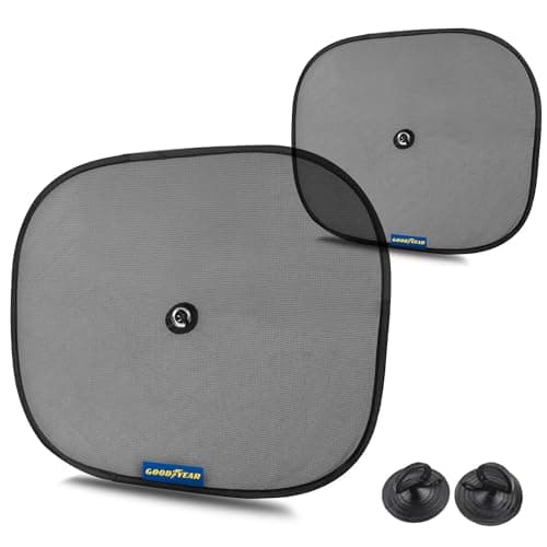 Image of Goodyear 2pc Folding Sun Shade Universal fit for most cars, vans & SUVs| Easy to install & remove | See through mesh reduces glare | Attached easily with suction cup | Blocks Sunlight & Reduces Heat