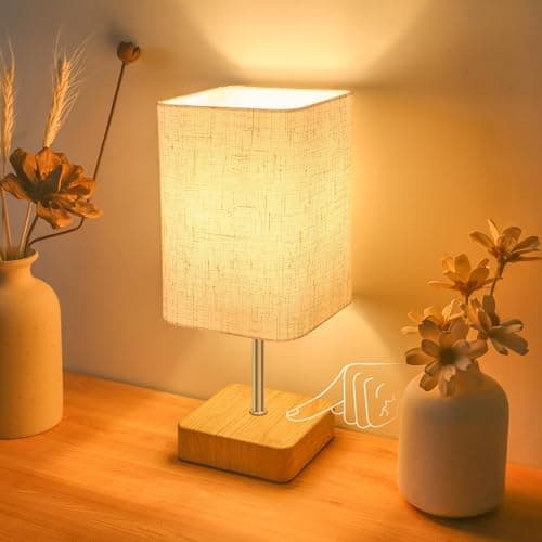 Image of Jayencer Touch Control Table Lamp, Dimmable Touch Control Nightstand Lamp, Bedside Touch Lamp with Wood-Grain Base & Beige Fabric Shade for Bedroom, Living Room, Children's Room, Bulb Included