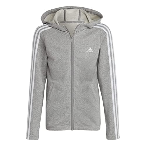 Image of adidas Girl's Essentials 3-Stripes Full-Zip Hoodie, medium grey heather/white, 9-10 Years