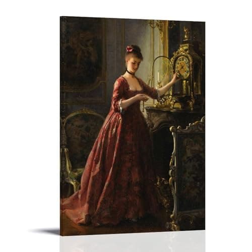 Image of Alfred Stevens Winding The Mantle Clock (circa 1875-1880) Realism Wall Art Print Featuring A Woman And Antique Clock Canvas Painting Wall Art Decorative Picture Prints Modern Decor Frame 12x18inch(30