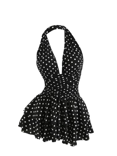 Image of GORGLITTER Women's Polka Dots Tiered Ruffle Mini Dresses Deep V Neck A Line Clubwear Halter Dress Black Small