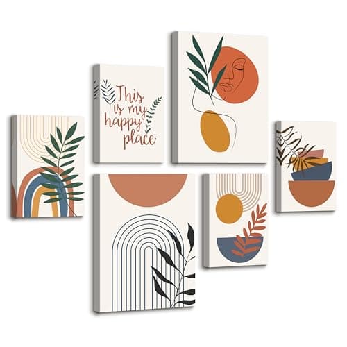 Image of 6 Pcs Wooden Framed Canvas Wall Art Set Colorful Boho Canvas Prints Abstract Green Leaves Painting Minimalist Geometric Sun Moon Pictures for Living Room Bedroom Wall Decor 30x40 cm x2+20x30 cm x4