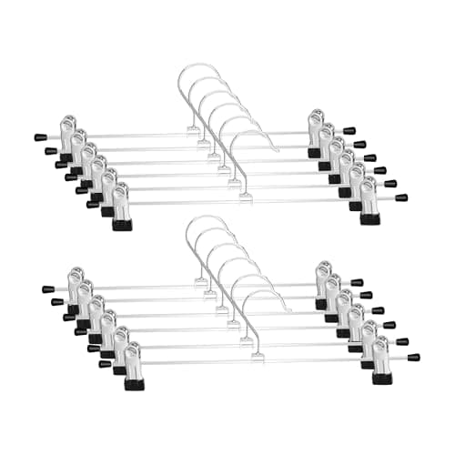 Image of Trouser Hanger, WEIDMAX Pant Hangers 12 Pcs Space Saving Skirt Hangers with Clips Adjustable Non-Slip Coat Suit Skirt Hangers Heavy Duty Chrome Clothes Hangers Clothes Hook