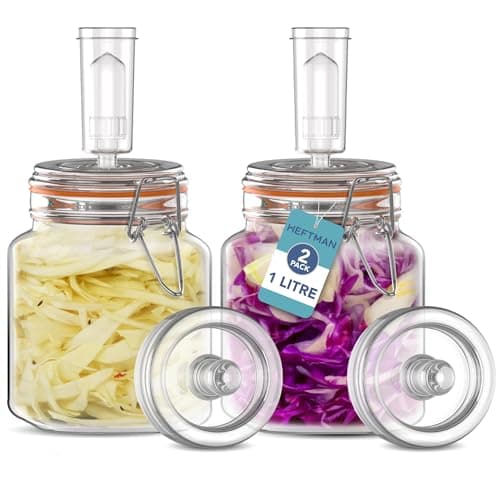 Image of HEFTMAN Fermenting Jar 2 Pack with Airlock - 1L for Safe Fermentation for Kefir, Kimchi, Sauerkraut, Sourdough Starter - Silicone Lids & Fermentation Weights - Fermentation Jars 2 Pack (Full Set)