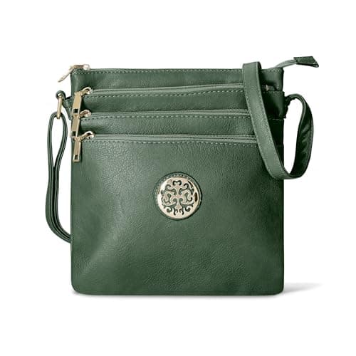 Image of Woodland Leathers Crossbody Bags For Women, Multi Zipper Spacious Cross Body Bag Women With Adjustable Crossbody Strap, Golden decorated Women's Hobos & Shoulder Bags (Dark Green)