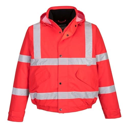 Image of Portwest S463 Mens Hi Vis Winter Bomber Jacket Waterproof Windproof Mens Winter Workwear Padded Pack Away Hood Reflective Tape Cold Weather Coat, Red, L