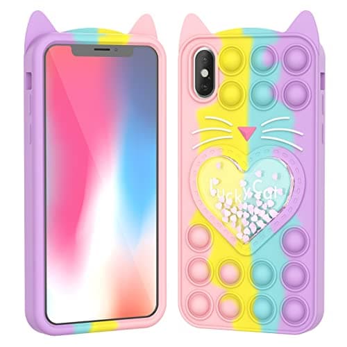 Image of Asgens Fidget Pop Case for iPhone X/XS, Cute Cartoon Lucky Cat Quicksand Bling Stars Push Bubbles Shockproof Silicone Soft Phone Case for Apple iPhone X XS 5.8 inch