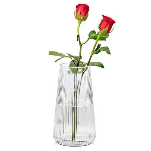 Image of Briful 20cm Tall Glass Vase for Flowers, Decorative Flower Vases - Grooved Glass Vase Ins Style Clear Vases Table Decoration for Wedding, Office, Living Room Decor