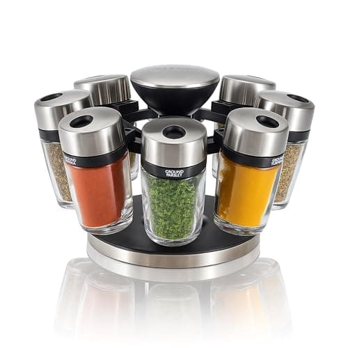 Image of Cole & Mason Cambridge 8 Jar Rotating Spice Rack, Includes 8 Filled Spice/Herb Jars with Lids for Kitchen Countertop Storage, (H) 13cm x (W) 20cm