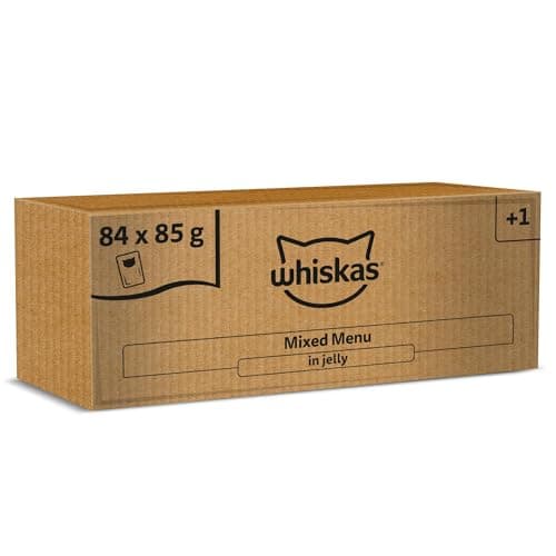 Image of whiskas 1 plus Adult Mixed Selection in Jelly 84 Pouches, Adult Wet Cat Food, Megapack (84 x 85 g)