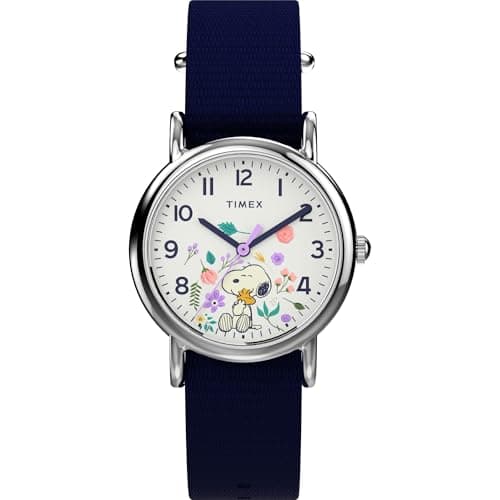 Image of Timex X Peanuts Weekender in Bloom Ladies Watch 31mm Blue Strap White Dial Silver Case, Blue