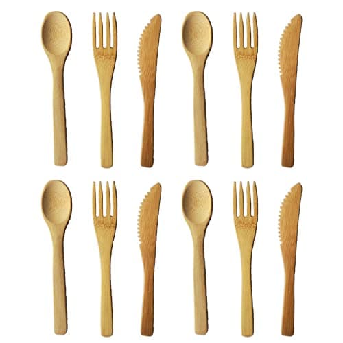 Image of 4 Sets Total 12 Pieces Bamboo Utensils Bamboo Tableware Bamboo Cutlery Set Portable Travel Flatware Contains Fork Spoon Knife, for Home Office Picnic Use