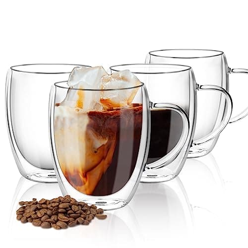Image of Top-spring 4 Pack Double Walled Glass Coffee Cups, Insulated Latte Glasses Mugs, Mug Tea Cups with Handles, Heat Resistant, Cappuccino Espresso Cup (Clear-4x350ml)