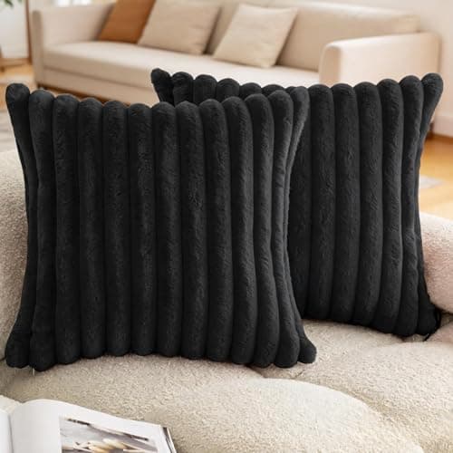 Image of MINWEGI Premium 45x45cm Cushion Covers Set of 2 - Double Sided Faux Rabbit Fur & Plush Velvet Pillow Cases, Anti-Fade Luxury Sofa Bed Throw Covers for Home Decor (Black, 45 * 45CM)