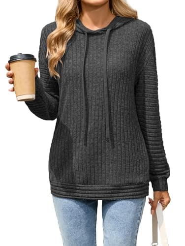 Image of Famulily Long Sleeve Ribbed Hoodies for Women, Casual Drawstring Sweatshirt Hooded Sweater Pullover (L, Carbon Black)