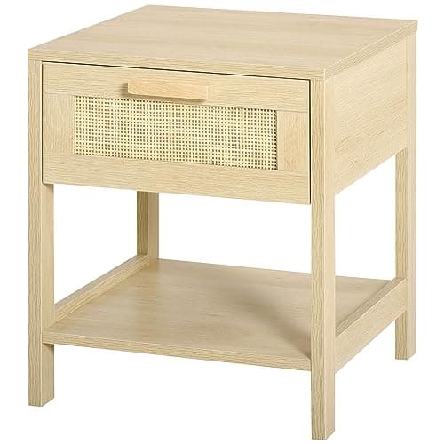 Image of HOMCOM Bedside Table, Nightstand with Rattan Drawer and Storage Open Shelf, Farmhouse Side Table for Bedroom, Living Room