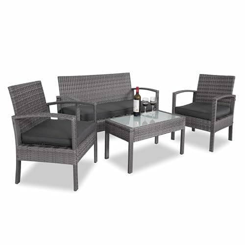 Image of CASARIA® 7pc Weatherproof Polyrattan Garden Furniture Set | Suitable for up to 4 People | Outdoor Patio Seating Group with 2 Armchairs, Bench, 3 Cushions, & Frosted Glass Top Table | Grey