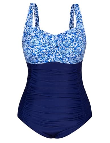 Image of Hanna Nikole One-Piece Swimsuit Plus Sizes Flower Sunflower V-Neck One-Piece Swimsuit for Chubby Women Blue White Porcelain 18