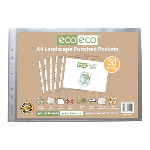 Image of eco-eco A4 100% Recycled Landscape Multi Punched Pockets Glass Clear, Transparent Poly Wallet Sheet Protector, 45 Microns (Pack of 50), eco145