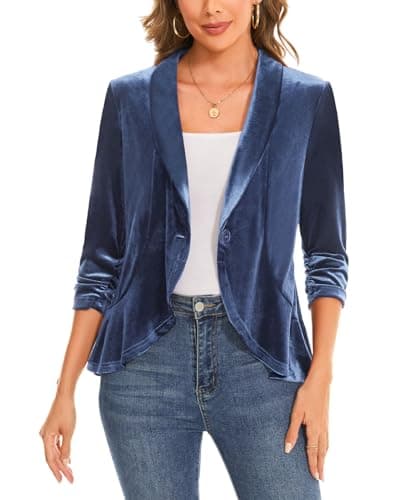 Image of MINTLIMIT Women's Shawl Collar Velvet Blazer Ruffle Hem with One-Button Closure 3/4 Sleeve Cardigan (Blue XXL)