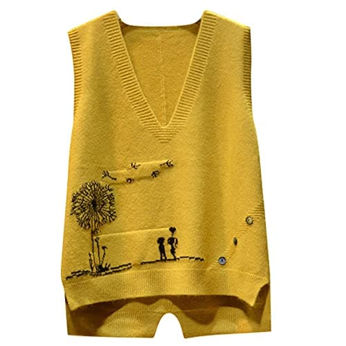 Image of Dawwoti Women Knitted Sleeveless Jumpers Floral Pattern Sweater Vests V Neck Gilets Waistcoat Top Yellow