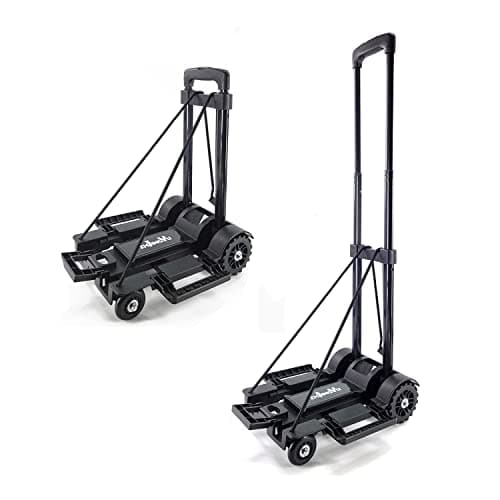 Image of ZHJINGYU 100lbs Folding Hand Truck | Sack Barrow | Steel Foldable Trolley | 4 Wheel | Adjustable Baseplate & Bungee | Cords Folds into Backpack for Lifting Luggage Travel Auto