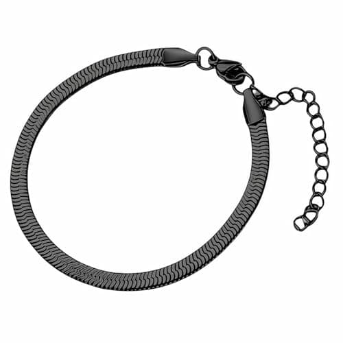 Image of YIJINJER Herringbone Bracelet for Women 1 Pcs Dainty Black Snake Chain Bracelet Hypoallergenic Stainless Steel Adjustable 16+5 cm Jewelry Width 3 mm