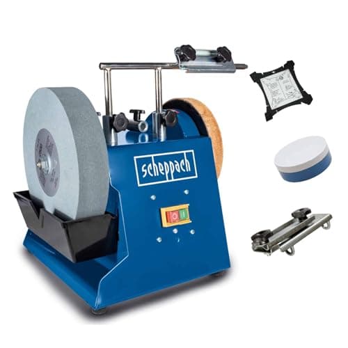 Image of Scheppach Tiger 2500 Wet Bench Grinder | Ø250mm Corundum Whetstone | 200W | Leather Honing Wheel | Universal Grinding Jig & Angle Gauge | for Workshop Tools & DIY