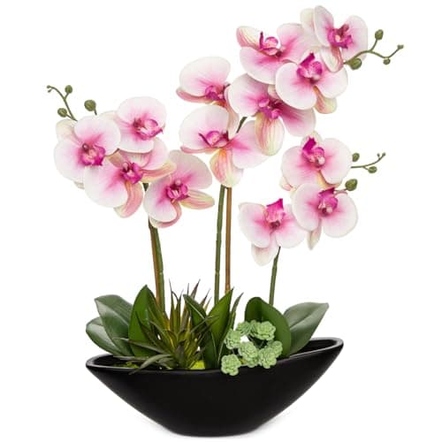 Image of Oairse 18" Orchid Artificial Flowers Pink Fake Orchid Silk Flowers with Black Ceramic Pot Large Faux Phalaenopsis Arrangement for Home Office Room Living Room Coffee Table Centerpiece Decoration
