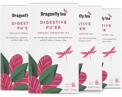 Image of Dragonfly Tea Digestive Pu'er Teabags, (4 x 20/80 Tea Bags) Organic Fermented Pu’er Tea Blend for Gut Health Support, Good Dragon, Individually Wrapped