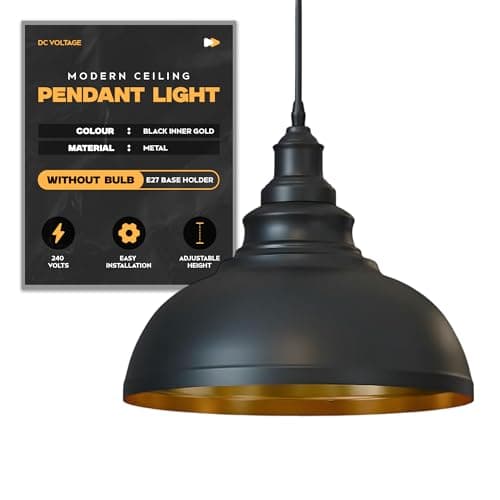Image of DC VOLTAGE Industrial Metal Shade Pendant Light Fittings Loft Bar Hanging Ceiling Light 29cm Easy Fit Light Shade Adjustable Cord E27 Pendant Island Kitchen Fixture (Black Inner Gold Without Bulb)