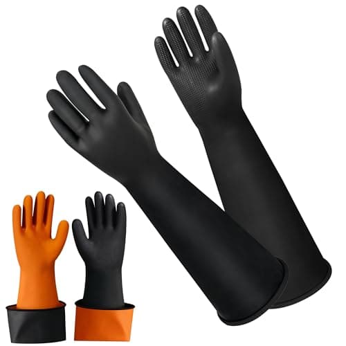 Image of 18" Heavy Duty Rubber Gloves, Black Rubber Gloves, Chemical Resistant Gloves, Resist Strong Acid, Alkali and Oil, Puncture Resistant, Waterproof Work Gloves Cleaning Drain PPE Gloves, Non-Slip, 1 Pair
