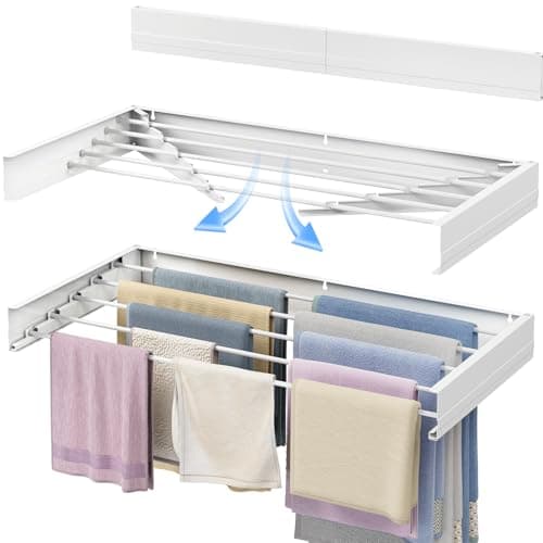 Image of SYKIARIOL Wall Mounted Clothes Airer, Retractable Clothes Drying Rack, 97cm x 48.8cm x 9.7cm Foldable Laundry Drying Rack, Wall Mounted Clothes Drying Rack with 5 Rods, Drying Rack for Towel, White