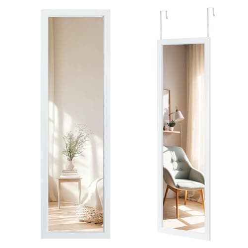 Image of CROWNSHOP Full Length Mirror 110x33cm - Wall Mounted Over The Door Mirror with Adjustable Hooks | Large HD Tempered Glass Full Body Mirrors for Bedroom, Wardrobe | Space-Saving (White)