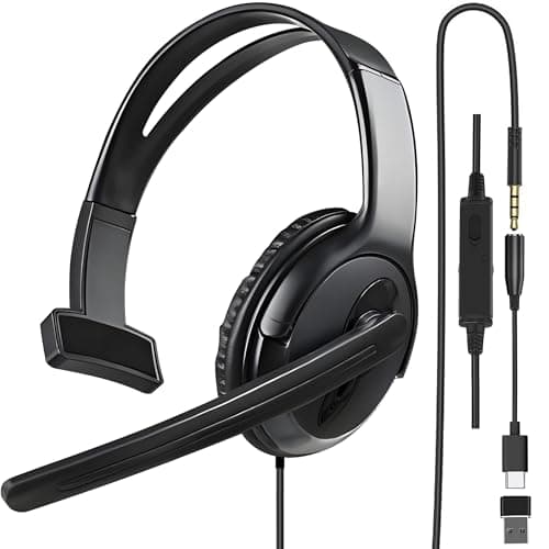 Image of One Ear Gaming Headset with Mic (3.5mm) - Lightweight Single Ear Headset for PS5, PS4, Xbox, Switch, PC, Mac, iPad, Tablet - Includes USB-C & USB-A Adapters for Gaming, Remote Work & Business Calls