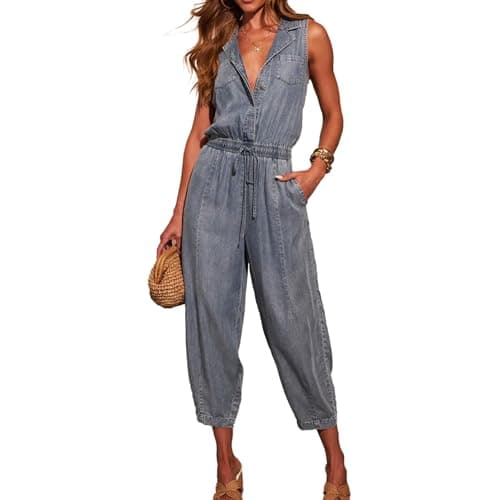 Image of FeMereina Denim Jumpsuit for Women Sleeveless V Neck Button Down Elastic Band Drawstring Wide Leg Jumpsuits Casual Harem Pants (Blue, L)