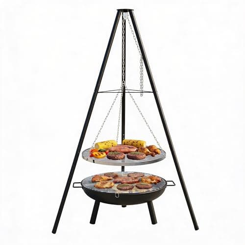 Image of Crystals Camping Barbeque Tripod Grill - Portable Fire Pit BBQ wit Fire Pit - for Outdoor Camping BBQ, Black