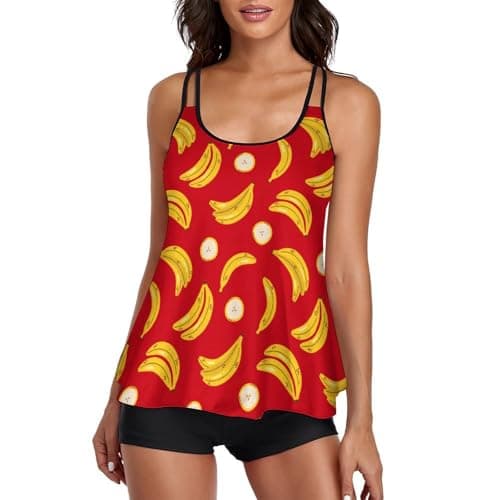 Image of peiyeety Bananas Pattern Swimsuits Tankini Set Woman Sexy Split Swimwear Suits Tummy Control Beach Bathing Suit Top Bottoms Red