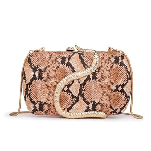 Image of JIABAOZ Women PU Leather Evening Clutch Trendy Snake Pattern Decor Purse Elegant Evening Bag with Metal Snake Shoulder Bag for Party Banquet (Brown snakeskin print)