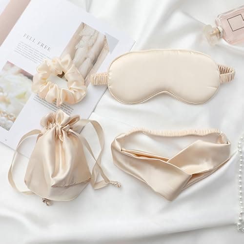 Image of Silk Eye Mask for Sleeping Set - 4 Pack Satin Sleep Mask with Adjustable Strap & Travel Pouch & Hair Band | Blackout Eye Mask for Women Men, Travel, Yoga, Nap | Ultra Soft Gift Box (Light Color)