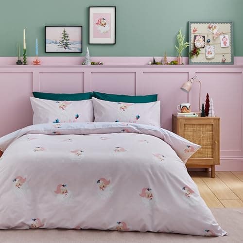 Image of Catherine Lansfield Vintage Christmas Santa Reversible Double Duvet Cover Set with Pillowcases Pink